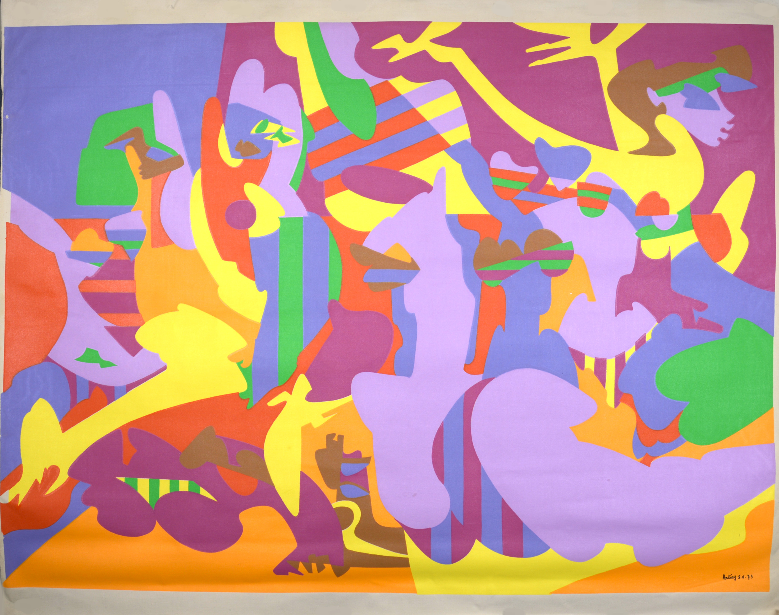 Philippe Artias - Composition, 1973 - Silkscreen (pochoir) on canvas.