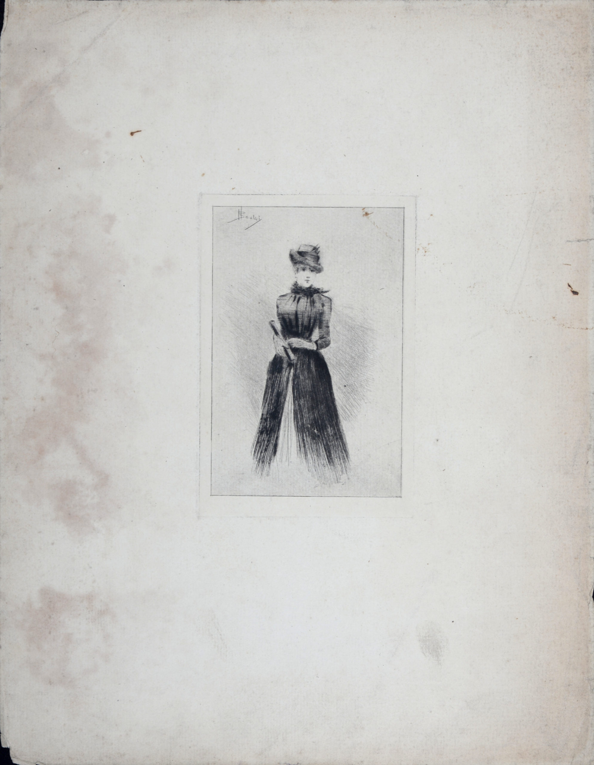 Dessin Ancien Encadré Sous Verre - Femme élégante à L'éventail, Léger Jaunissement
