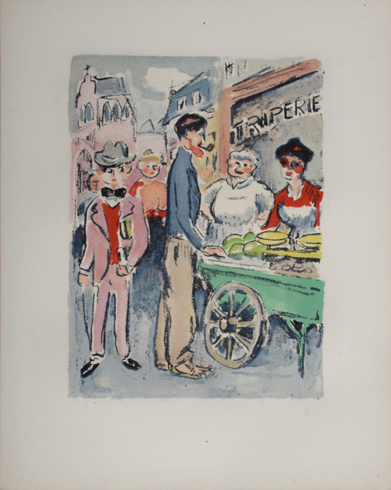 Kees Van Dongen - Van Dongen et Roland Dorgelès, Le Marché de la rue des Abbesses, 1949