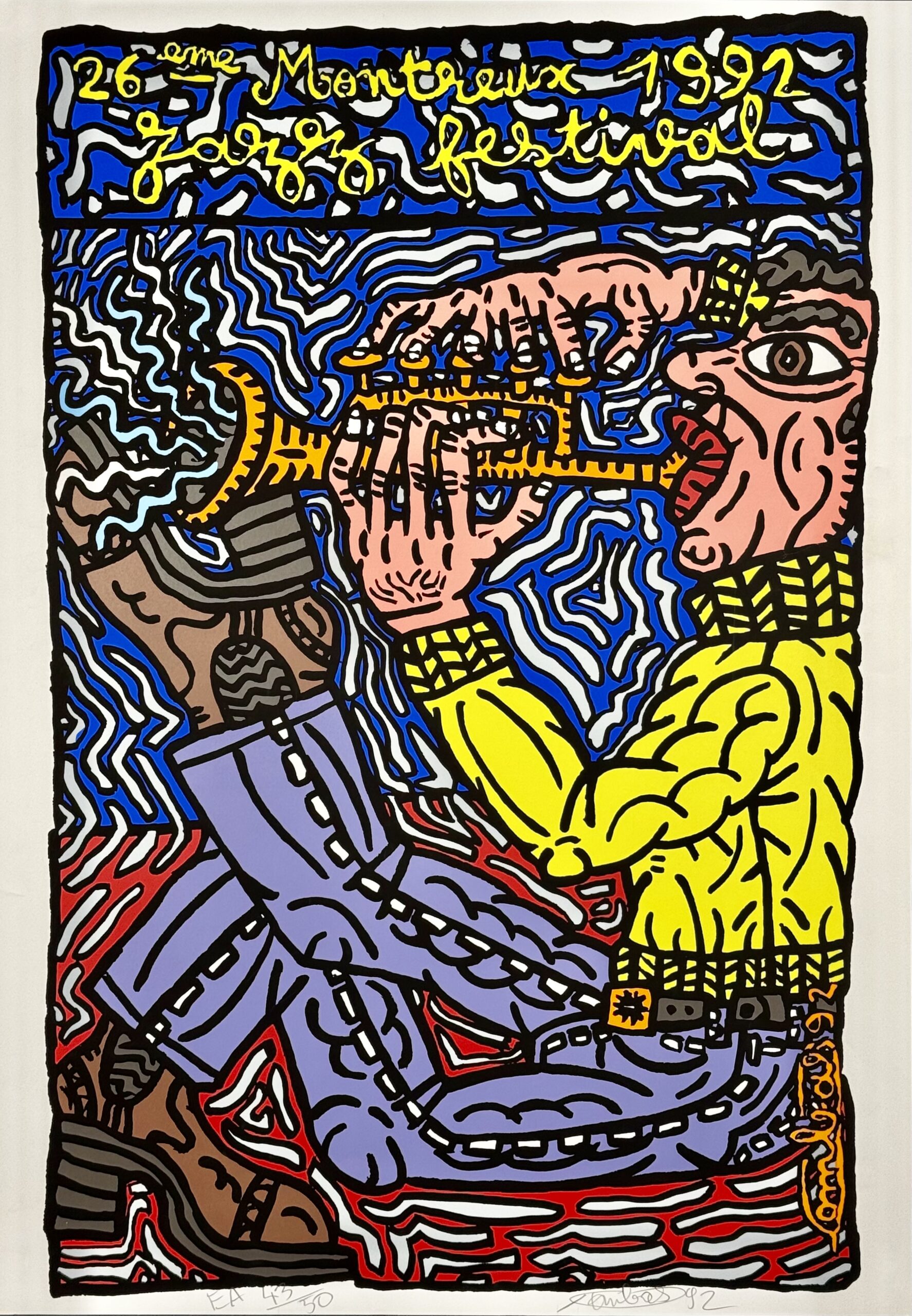 Robert Combas (1957-) 26ème Festival de Montreux, 1992. Large silckscreen in colors on paper. Hand-signed and dated at the lower right. Hand-numbered E.A. 43/50 at the lower left.