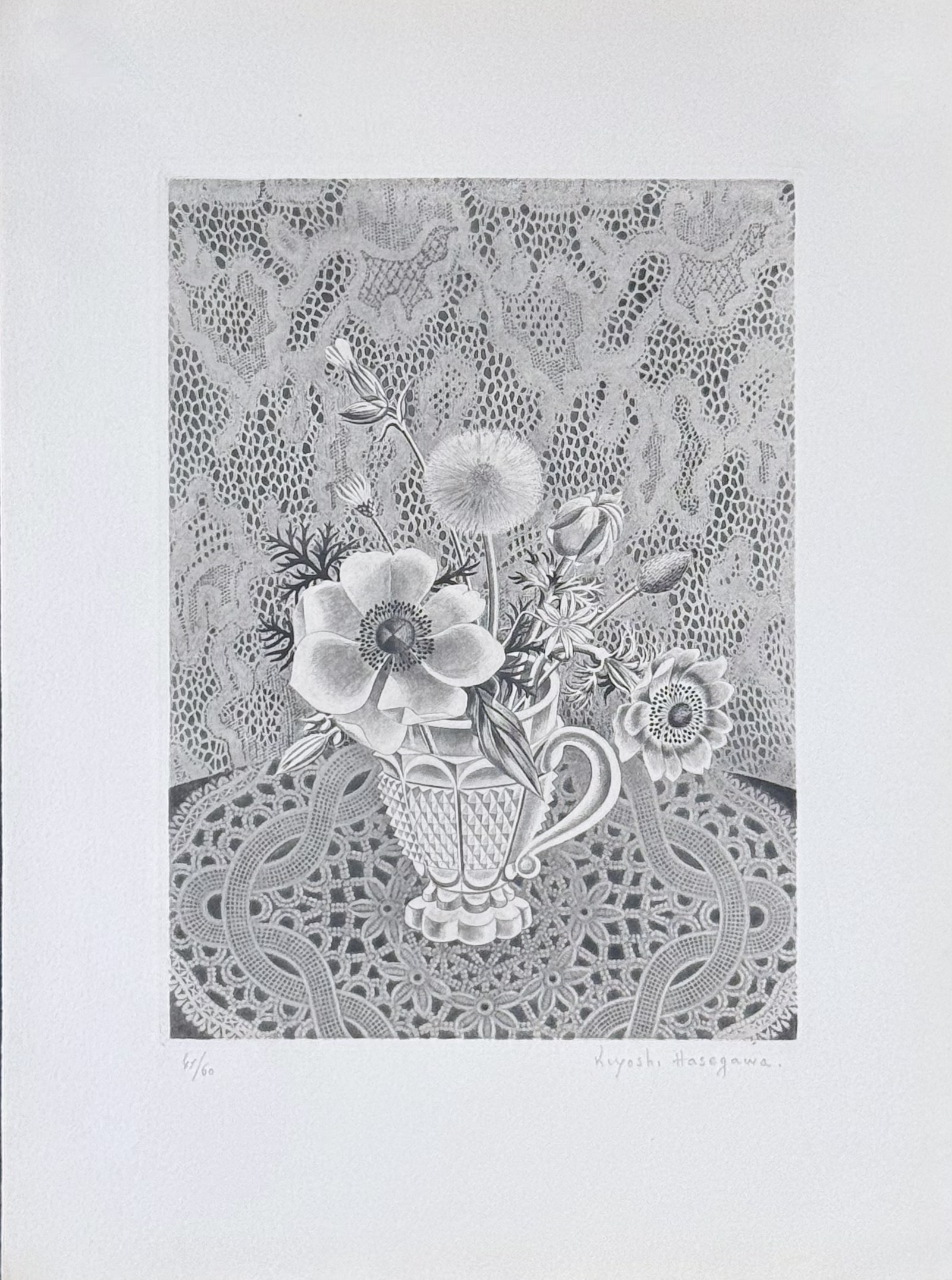 Kiyoshi Hasegawa Anémones et fleurs de champs dans un verre a facettes, 1945 Etching and aquatint on Marais wove paper from the portfolio "La Gravure sur Cuivre", plate signed. Hand Signed and numbered 41/60.