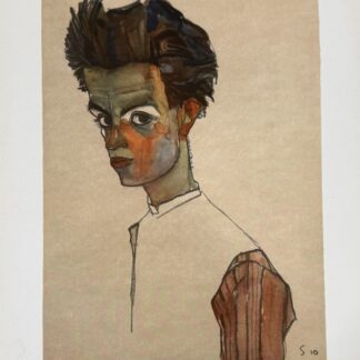 Otto Benesch — Egon Schiele als Zeichner (Egon Schiele as a Draughtsman) Druck und Verlag der Österreichischen Staatsdruckerei, Vienna, 1950 (some copies dated 1951) Portfolio (Mappe); text by Otto Benesch and facsimile plates after Egon Schiele's original drawings and watercolours of 1910–1918, titled on the verso in three languages, loose in the original illustrated fibre-paper portfolio. German text. Signed / numbered: Unsigned and unnumbered, as issued Dimensions: 34.5 × 25 cm (13.6 × 9.8 in.) Plates: 22 plates present — 14 in colour and 8 in black and white (this copy) Condition: Incomplete — two plates lacking. Remaining plates in perfect condition; portfolio cover with wear from use (light edge wear/soiling). Sought-after Vienna portfolio edited by Otto Benesch — son of Schiele's early patron Heinrich Benesch and director of the Albertina — presenting finely reproduced facsimile plates of Schiele's drawings and watercolours (self-portraits, a portrait of Arnold Schönberg, female studies, flowers), printed by the Austrian State Printing Office. Originality: Authentic original edition