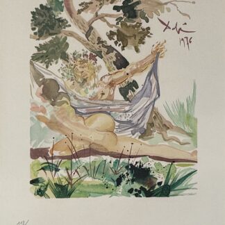 Salvador Dalí (1904–1989) Infidèle épouse de Ménélas (The Unfaithful Wife of Menelaus) — from L'Art d'aimer d'Ovide, c. 1979 Colour woodcut (bois gravé) on vélin d'Arches Hand-signed in pencil "Dalí" lower right; numbered 118/144 in pencil lower left; signed and dated "Dalí 1976" in the plate, upper right Dimensions — Image (block): 28 × 18.5 cm (11 × 7 1/4 in.); Sheet: 56 × 38 cm (22 × 15 in.); shown through the Marie-Louise window (sight): 42 × 29.5 cm (16 1/2 × 11 5/8 in.); Marie-Louise mount: 62 × 49 cm (24 3/8 × 19 1/4 in.) Condition: In very fine condition; presented on a fabric Marie-Louise; not framed References: Michler & Löpsinger 1526; Field 79-2 O From the illustrated book L'Art d'aimer d'Ovide (Ovid's Art of Love), Éditions du Centre Culturel de Paris, copy 118/144 on grand vélin d'Arches Salvador Dalí (1904–1989) Infidèle épouse de Ménélas (The Unfaithful Wife of Menelaus) — from L'Art d'aimer d'Ovide, c. 1979