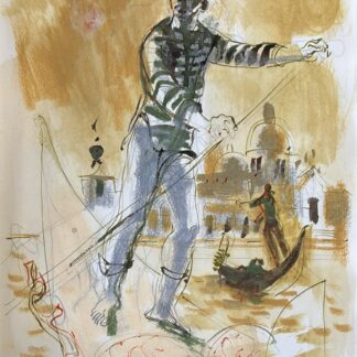Lucien Fontanarosa (1912–1975) Venise — le gondolier (Venice — the Gondolier), September 1973 Gouache with pencil and red crayon Dedicated, signed and dated by hand, lower edge: "à Yves Guérin, bien amicalement, septembre 1973", signed "Fontanarosa" Dimensions: Sheet 29.7 × 21 cm (11 ⅝ × 8 ¼ in.) — Image: the full sheet Condition: good condition, unframed Provenance: Livre d'Or de Yves Guérin, compiled 1963–1992 (single-owner provenance). Description: A vivid gouache of a Venetian gondolier — a tall figure in a striped jersey standing at his oar in the foreground, a second gondola and rower to the right, and the domes of Venice (the Salute) dissolving in warm ochre light behind, the whole built over a lively pencil-and-red-crayon underdrawing. Lucien Fontanarosa was a French painter and illustrator of Italian origin, a pupil of Lucien Simon, Premier Grand Prix de Rome (1936) and member of the Institut (1955); Venice, and the gondolier above all, was among his most beloved subjects — he made "Le Gondolier" the cover of the 1971 Peintres Témoins de leur Temps catalogue. An illustrator of Mac Orlan, Giono and Daudet, he also designed the 500-franc "Pascal" banknote, and exhibited with the sculptor Volti (also in this album). Signed, dated and dedicated by hand.