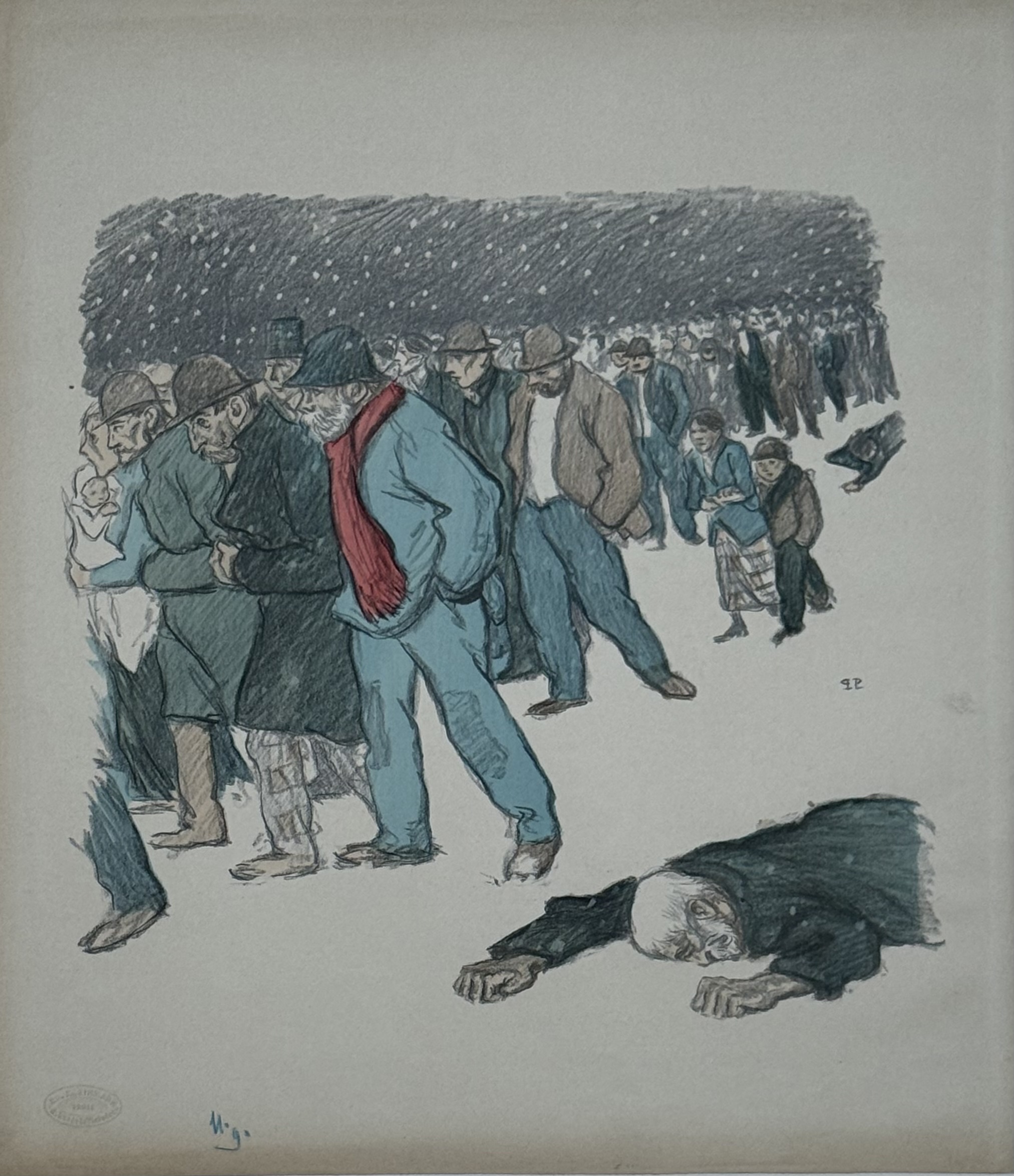 Steinlen, La Misère sous la neige, 1894 — original stencil-coloured lithograph, Chambard Socialiste, Kleinmann deluxe edition of 100, Crauzat 134.