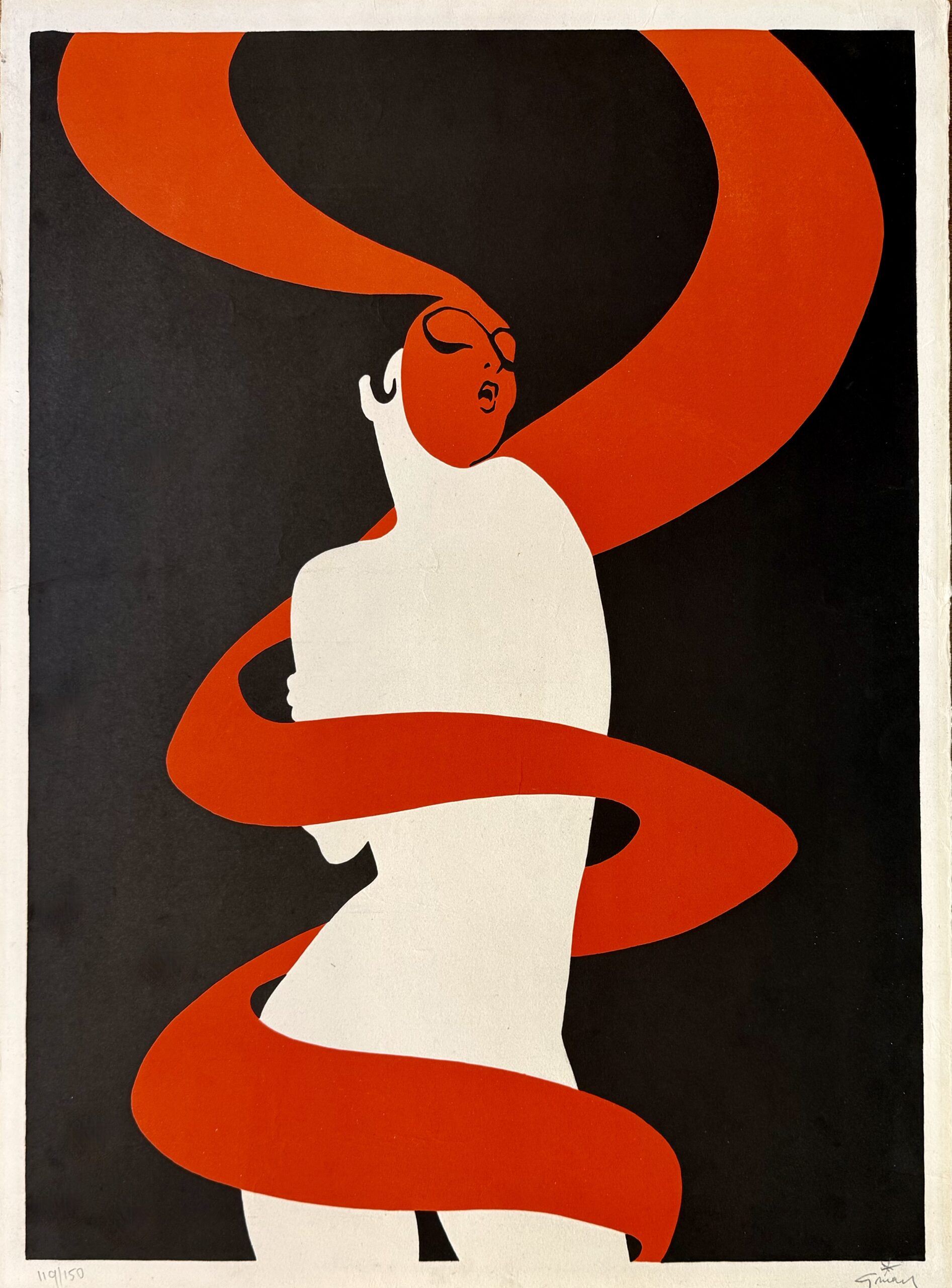 René GRUAU : Femme en rouge, vers 1980 (signed)
