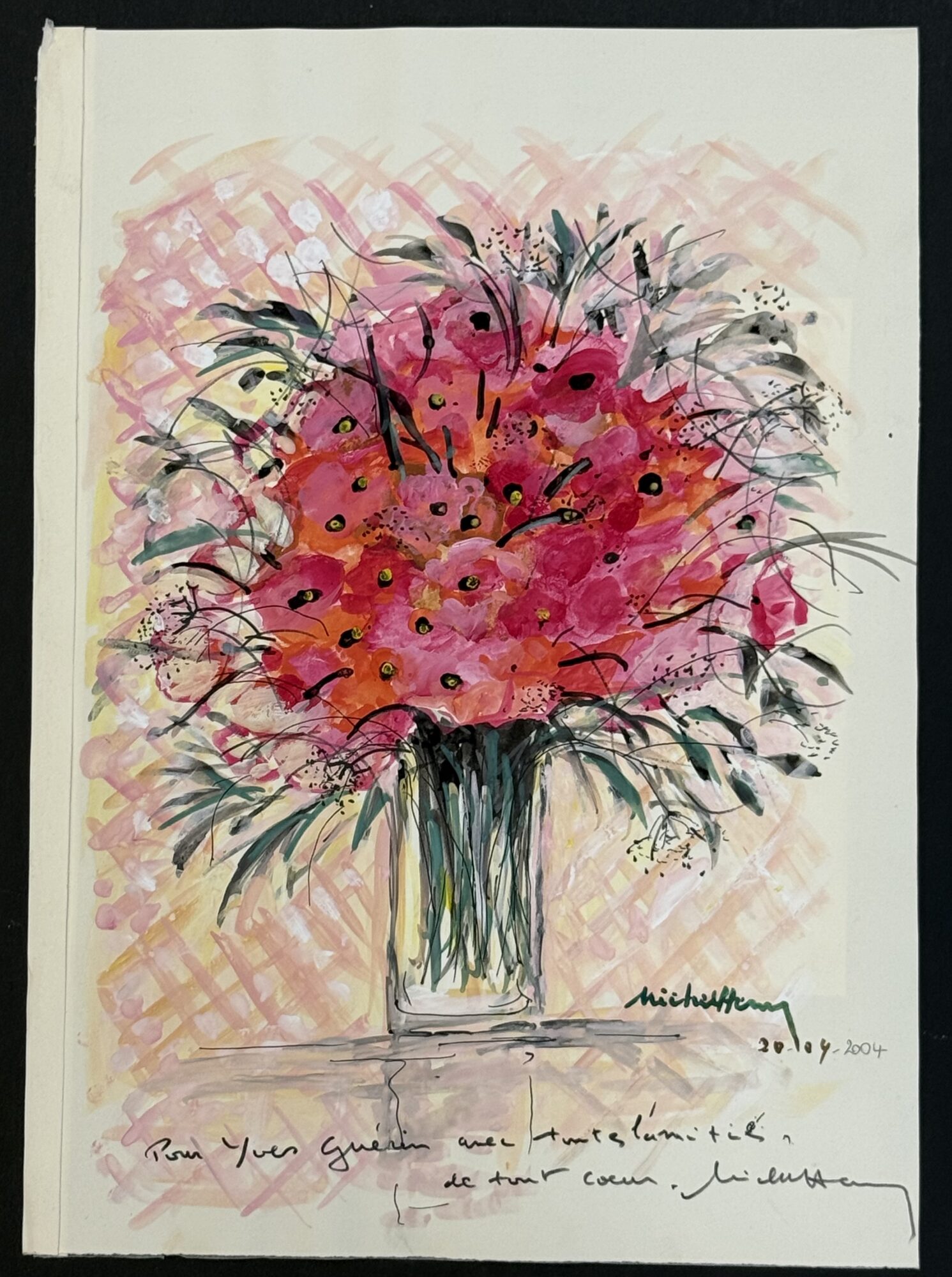 Michel Henry (1928-2016), original signed gouache flower bouquet, 2004, from the Yves Guérin guest book. Unframed.