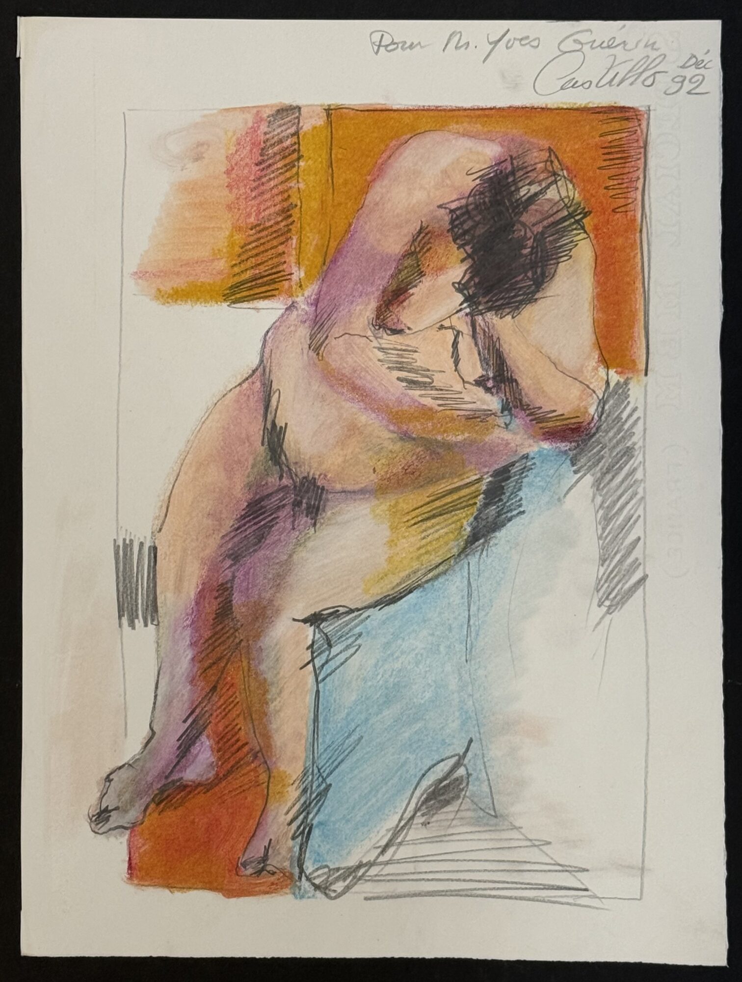 Marie-Angèle Castillo, original signed seated nude in coloured pencil, 1992,