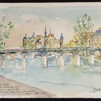 Claude Gentot, original signed watercolour of the Pont des Arts footbridge, Paris, 2005, from the Yves Guérin guest book.