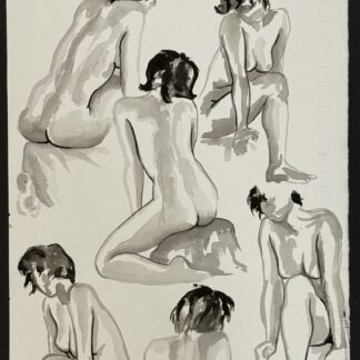 I. Fressoz, original signed ink wash, six nude studies, 2005, on watermarked Arches, from the Yves Guérin guest book.