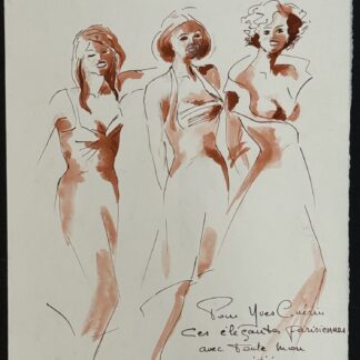 Lyliane Boucault, original signed ink and sanguine wash, Parisian elegantes, 2006, from the Yves Guérin guest book.