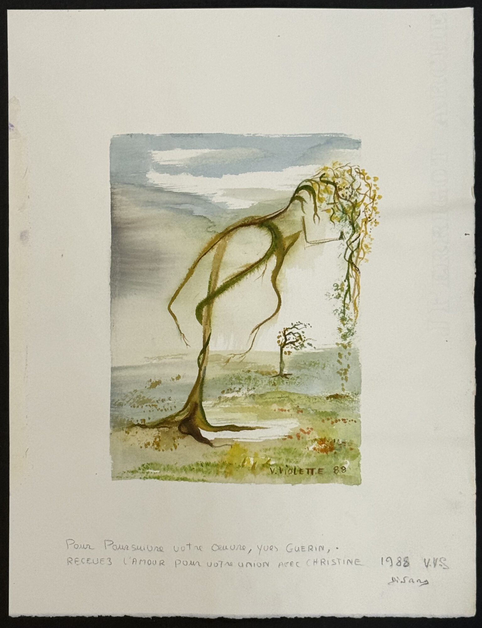V. Violette, original signed watercolour, anthropomorphic tree, Dinard 1988, from the Yves Guérin guest book.