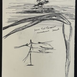 Manoli, original signed pen and ink sheet of sculpture projects, Nice 1965, from the Yves Guérin guest book. Unframed.