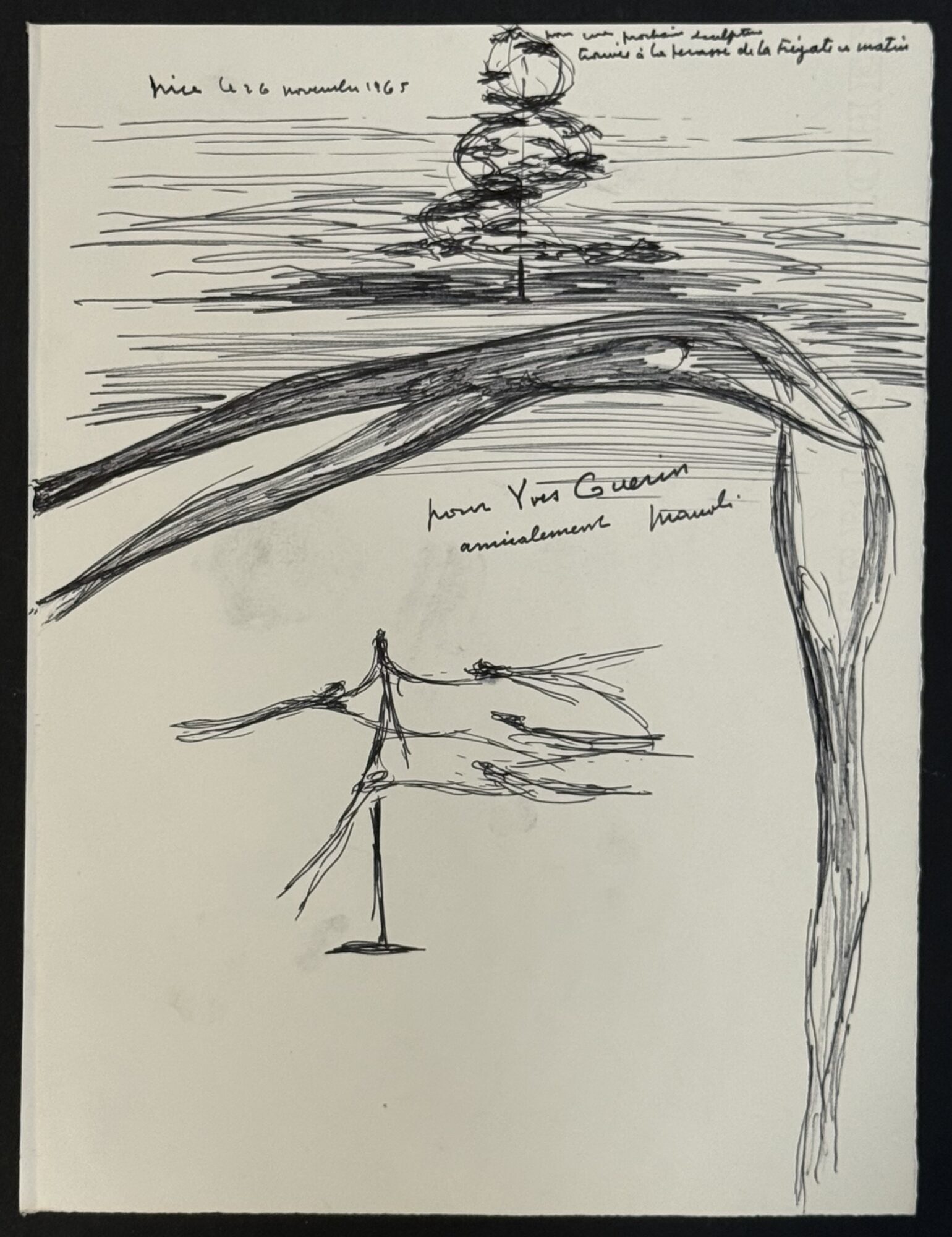 Manoli, original signed pen and ink sheet of sculpture projects, Nice 1965, from the Yves Guérin guest book. Unframed.