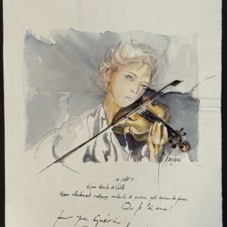 R. Pouliquen, original signed watercolour of a young violinist, 1991, on watermarked Arches, from the Yves Guérin guest book.