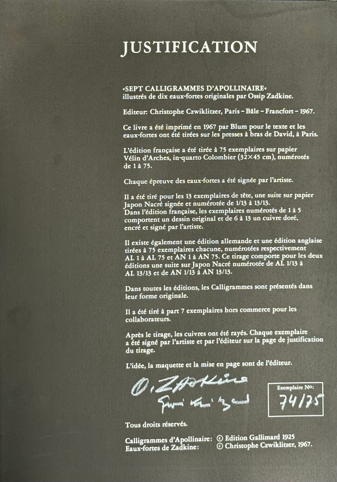 Ossip ZADKINE : Plate from Sept Calligrammes d'Apollinaire, 1967 (signed) - Image 3