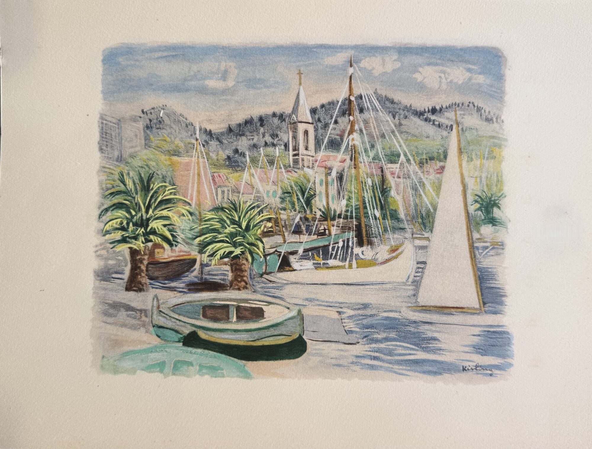 Moïse KISLING (after) : Harbour with Sailboats and Palm Trees, 1954